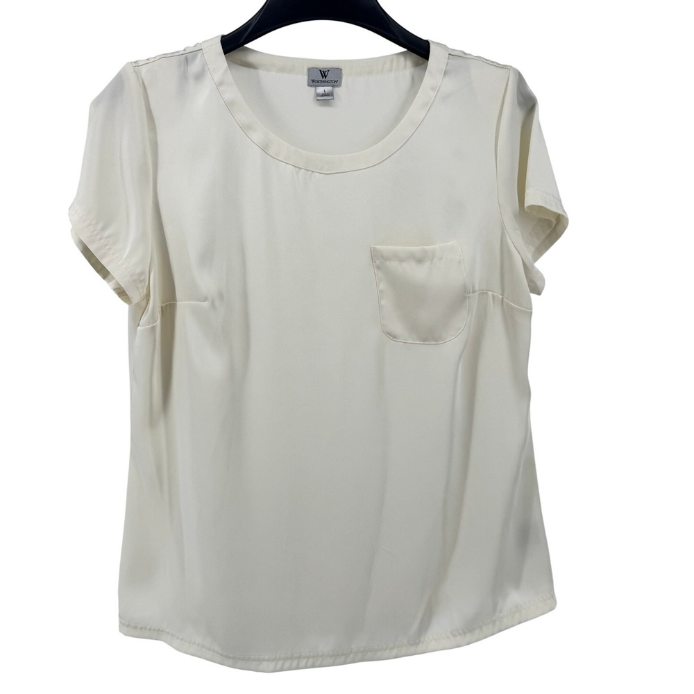 Worthington Blouse Womens‎ Large Off White Short Sleeve Pocket Satin Feel